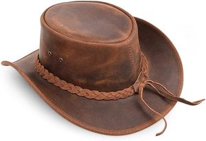 Chapeau de cowboy vintage en cuir vieilli brun tan, neuf - Product Image 2