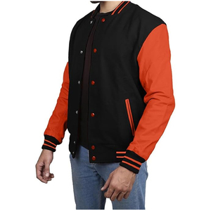 Chaqueta de invierno de moda y alta calidad con mangas de cuero genuino para hombre, con logo bordado en chenilla, unisex. - Product Image 2