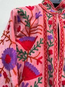 Luxury Pink <b>Velvet</b> Embroidered <b>Jacket</b> With Floral Pattern Full Sleeve Stand Collar Handmade Bohemian Winter Outerwear - Product Image 4