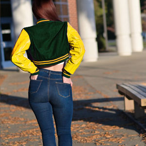 Chaqueta Corta Estilo Universitaria para Mujer, Color Verde Oscuro y Amarillo, Estilo Bomber, Mangas de Cuero Sintético, Ropa Exterior Informal, Moda Femenina - Product Image 6