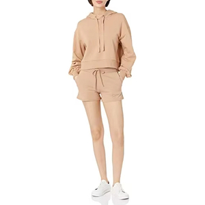 Ensemble sweat à capuche et short pour femme, faible MOQ, automne/printemps, impression de logo personnalisée, ensemble uni pour femme, streetwear, 100% coton, vêtements décontractés - Product Image 1