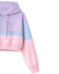 Ensemble décontracté deux pièces pour femme : crop top zippé à capuche et short, imprimé papillon, color block lavande, rose et bleu, en polyester et coton - Product Image 2