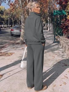 Ensemble de détente 2 pièces en polaire pour femme, gris uni, avec fermeture éclair et cordon de serrage, décontracté, toutes saisons, manches longues, coupe ample, sweat-shirt et pantalon - Product Image 4