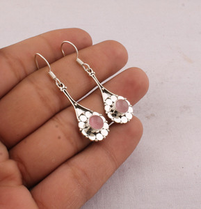 Wholesale Engagement 925 Sterling <b>Silver</b> Natural Rose Quartz <b>Dangle</b> <b>Earrings</b> Vintage Handcrafted Flower Petal Frame Teardrop - Product Image 5