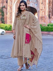 Beige Embroidered Roman Silk Knee-Length Regular Fit Quick Dry <b>Kurta</b> Anarkali Dress <b>Women</b> Ethnic Top Casual Festival Wear - Product Image 6