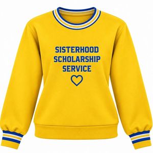 Pull à col rond jaune pour femme Sigma Gamma Rho, avec motif cœur brodé bleu, col et poignets rayés, en tricot - Product Image 1