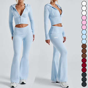 Conjunto de chándal de punto para mujer al por mayor: Sudadera con cremallera, ropa deportiva, atuendo athleisure, pantalones de cintura alta, corte ajustado - Product Image 1