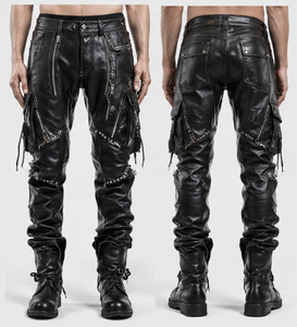 Pantalon moto pour homme en simili cuir noir, taille haute, plusieurs poches, fermeture éclair, style hiver lourd - Product Image 1