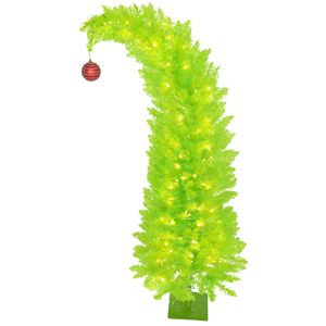 5 ft Bent Top Whimsical Christmas <b>Tree</b> with Prelit 200 <b>LED</b> Lights Pencil Xmas <b>Tree</b> Design Metal Base Red Ball Ornament - Product Image 1