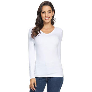 T-shirt à manches longues col en V blanc pour femme, 100% coton tricoté, couleur unie, respirant, coupe ajustée, toutes saisons - Product Image 1