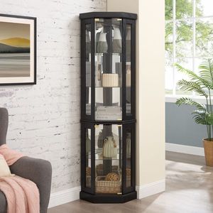 Vetrina per Oggetti d'Arte Antichi da Soggiorno, Elegante Vetrinetta Angolare Illuminata con Bar per Vini e Vano Portabicchieri, Assemblata - Product Image 2