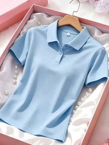 Camiseta de Manga Corta con Cuello Polo para Mujer, Tejida en Algodón, Casual, de Color Sólido, Transpirable, para Primavera/Verano, Corte Regular - Product Image 6