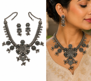Oxidized Handcrafted Antique Silver Zinc Alloy Zircon Bezel Setting Bohemia Flower Design Engagement Wedding Women's Set - Product Image 2