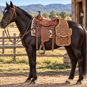 Sac de selle artisanal en cuir pour cheval |   Pochette de rangement équestre occidentale avec sangles et boucles sécurisées pour l'équitation en trail, le travail à la ferme et l'équipement de tack - Product Image 2