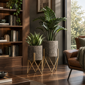 Ensemble de jardinières d'intérieur en métal texturé avec support doré |   Pots à fleurs modernes et hauts pour le salon, l'hôtel, le bureau, la maison, le jardin, décoration de luxe - Product Image 2