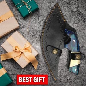 Forged Damascus Steel Alaskan Ulu Pizza Cutter <b>Knife</b> <b>Bone</b> and Wood <b>Handle</b> Leather Sheath Handmade OEM Professional Ambidextrous - Product Image 5