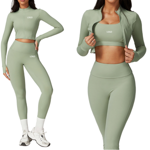 New 3 Piece Set Solid Front Logo Long Sleeves Custom <b>Workout</b> Wear Suit Women Sportswear Activewear <b>Jacket</b> High Waist Legging Set - Product Image 1