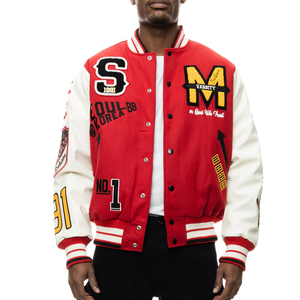 Veste universitaire rouge pour homme, style décontracté, avec patchs lettres brodés, col rabattable, coupe classique, coupe-vent d'hiver, 100 % polyester - Product Image 3