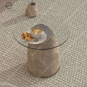 Modern Round <b>Stone</b> Coffee <b>Table</b> with Tempered Glass <b>Top</b> Minimalist Living Room Furniture Handmade Design - Product Image 4