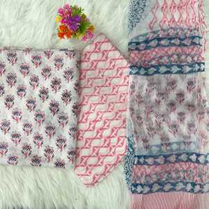 Daily & Office Wear Pure Soft Cotton <b>Block</b> <b>Printed</b> Material With Chiffon Dupatta Salwar Kameez Material Indian Pakistani Style - Product Image 1