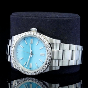 Reloj de Hombre de Acero Inoxidable con Esfera Vintage Azul Cielo, Bisel con Detalles, Cristal Mineral, Grosor de Caja de 5 mm, Diamante Moissanite de Calidad VVs1 - Product Image 1
