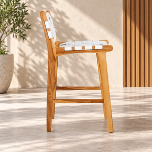Modern Wooden Bar Stool with <b>White</b> Faux Leather Weave Backrest and Seat for <b>Kitchen</b> Island or Home Dining - Product Image 1