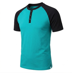 Men's Casual Raglan Sleeve Stand <b>Collar</b> <b>T</b>-<b>Shirt</b> Solid Color Block Slim Fit Knitted Short Sleeve Top - Product Image 1