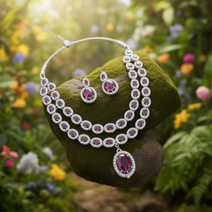 Ensemble collier, boucles d'oreilles et maang tikka en cristal plaqué argent de forme ovale pour femmes - Product Image 3