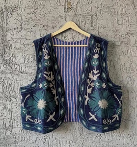 Chaleco sin mangas de terciopelo bohemio vintage con cuentas, estilo étnico indio, tejido de verano, prenda exterior corta con estampado floral y cuello en V, forro de algodón. - Product Image 1