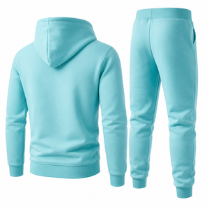 Ensemble de survêtement à capuche de couleur unie, manches longues, pantalon à cordon de serrage, tenue décontractée d'automne, sweat-shirt et jogging en polyester bleu clair - Product Image 2