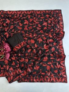 2026 Luxury Black <b>Red</b> Floral Sequin Net Faux Georgette <b>Saree</b> for Women Summer Designer Party Wear Wedding Reception Cocktail - Product Image 4