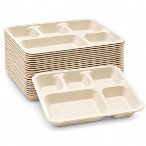 Plateau repas carré blanc en bagasse à compartiments pour plats à emporter – Assiettes de service alimentaire modernes - Product Image 3