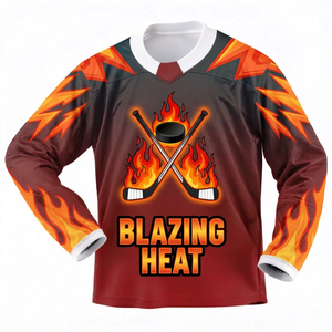 Camiseta de Hockey sobre Hielo Sublimada Personalizada Blazing Heat, Manga Larga, Poliéster que Absorbe la Humedad, Cuello en V, Ropa para Adultos - Product Image 1