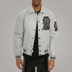 Avirex Twin Dragon Grey <b>Sheepskin</b> Leather Varsity Bomber <b>Jacket</b> Limited Edition - Product Image 3