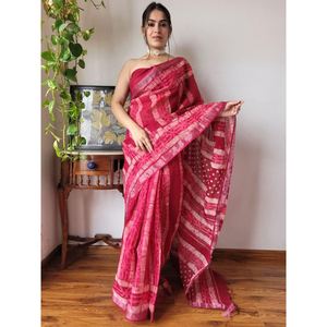 IMPRESSION NUMÉRIQUE EN LIN ATTRACTIF AVEC SILVER BORDER WORK SAREE AVEC BOLUSE NON COUDU ROSE - Product Image 1