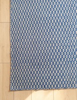 HARI ENTERPRISES Handgefertigter Blauer Wollteppich Modernes Geometrisches Muster Flachgewebter Kelim-Teppich Maßgefertigte Größe Wohnzimmer-Teppich Jute