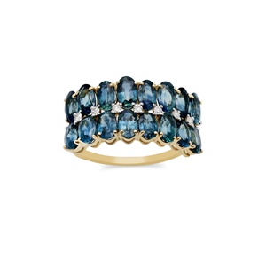 Anillo de banda ancha de oro amarillo macizo de 14K con zafiro azul natural ovalado y doble fila de diamantes, joyería fina, Memoria Jewels - Product Image 1