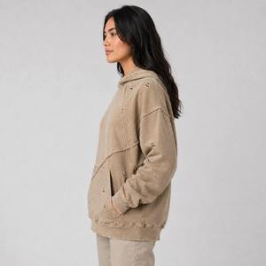 Sweat-shirt à capuche oversize pour femme, couleur unie, effet délavé, design asymétrique, en coton et fibre de bambou, tricoté, streetwear d'automne - Product Image 4