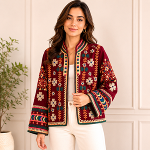 Suzani Embroidered Knitted Velvet Bomber <b>Jacket</b> Handcrafted Floral Boho Statement Wear Full Sleeve Autumn Outerwear - Product Image 2