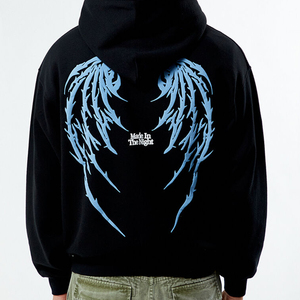 Sudadera con capucha negra de algodón grueso con efecto lavado ácido y estampado gráfico frontal en lámina dorada, estilo streetwear personalizado, hombros caídos, de secado rápido. - Product Image 6