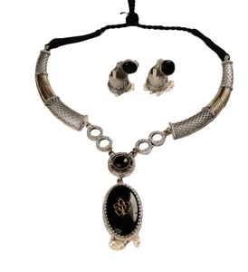 Conjunto de Collar y Aretes Bohemios de Ónix en Acero Inoxidable Plateado y Dorado de Dos Tonos, Estilo Antiguo, para Boda, Compromiso o Aniversario, para Mujer - Product Image 1