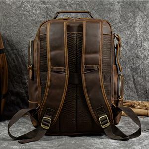 Brown Genuine <b>Leather</b> Backpack Men Casual Daily Use Adjustable Strap Zipper Closure Large Capacity 30-40L Interior Compartment - Product Image 5