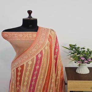 Sari en soie 100% pure Banarasi Khaddi Chiffon Georgette, teinture au pinceau Rangkat de luxe, pour soirée, ethnique indien traditionnel, séchage rapide - Product Image 1