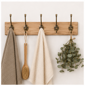 Porte-manteau mural haut de gamme à 6 crochets, finition laiton antique sur planche en bois rustique, organisateur vintage pour manteaux, chapeaux et sacs - Product Image 2