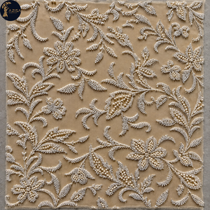 Tissu de robe perlé couleur champagne avec motifs floraux botaniques en relief |   Textile décoratif pour robes de mariée, vêtements de soirée, tenues formelles - Product Image 2