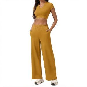Mustard Yellow Spandex/Nylon Quick Dry Short Sleeve <b>Crop</b> <b>Top</b> Wide Leg Sweatpants Tracksuit Set Casual Sportswear Fitness Yoga - Product Image 1