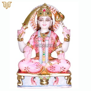 Statue de Santoshi Mata en marbre pour le culte avec épée, trident, couronne et piédestal décoratif – Maliyas - Product Image 2