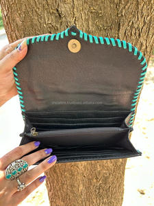 Portefeuille à lacets Turquoise en cuir repoussé pour femmes portefeuille en cuir de vachette véritable point à la main cheveux occidentaux sur portefeuille de carte de crédit caché - Product Image 6