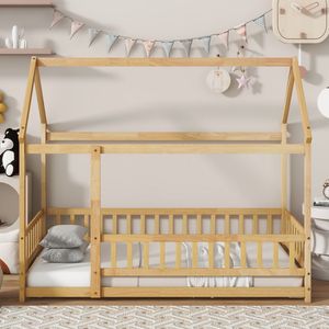 Lit en bois naturel double avec cadre de toit et barrières de sécurité, design maison sur pied - Product Image 1