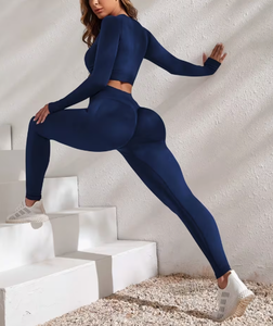Ensemble de vêtements de sport pour femmes en bleu marine, 2 pièces, haut court à manches longues, leggings en tricot, coton extensible respirant, toutes saisons, sportif - Product Image 2
